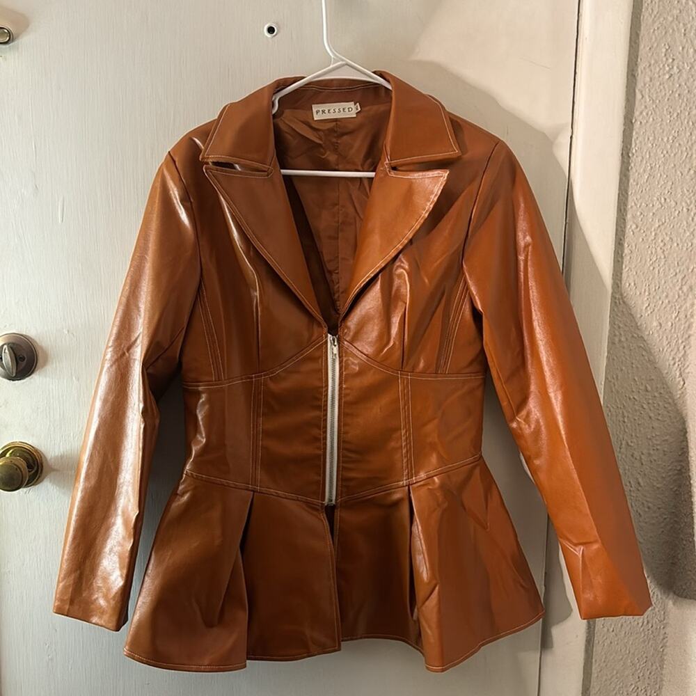Pressed Brown Zip Up Peplum PU Jacket Swing Coat XL Boho Indie Rocker Glam Retro - Picture 5 of 12